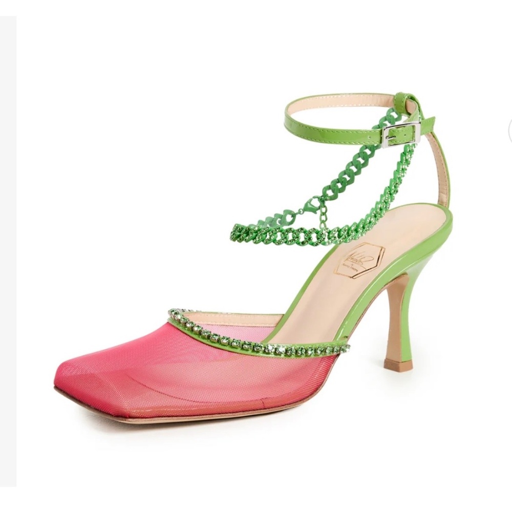 NALEBE Stellar Pump Mesh Green Pink Crystal Chain Square Toe Size 38.5